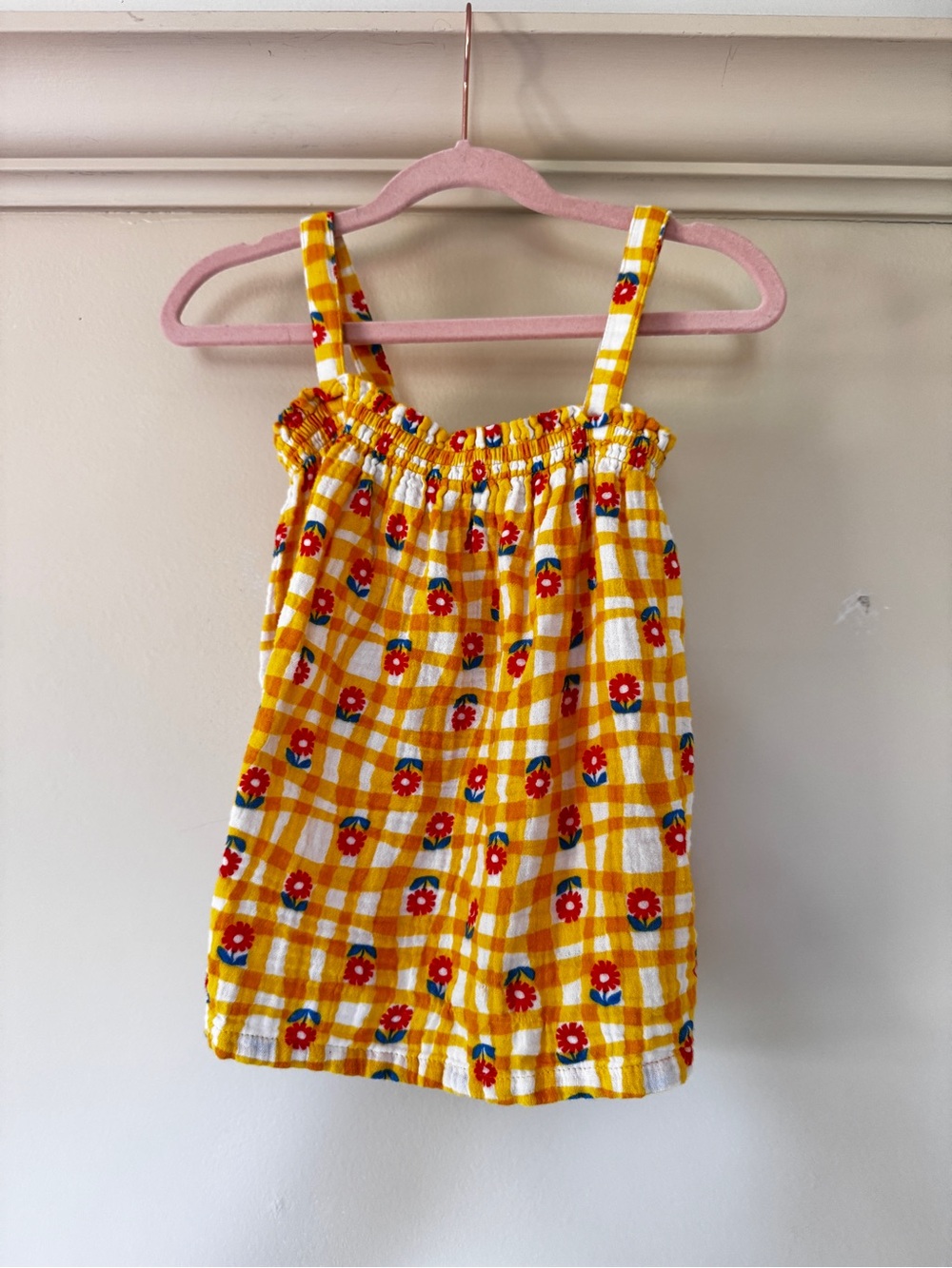 Hanna Andersson Yellow Gingham Floral Smocked Top 100% Cotton